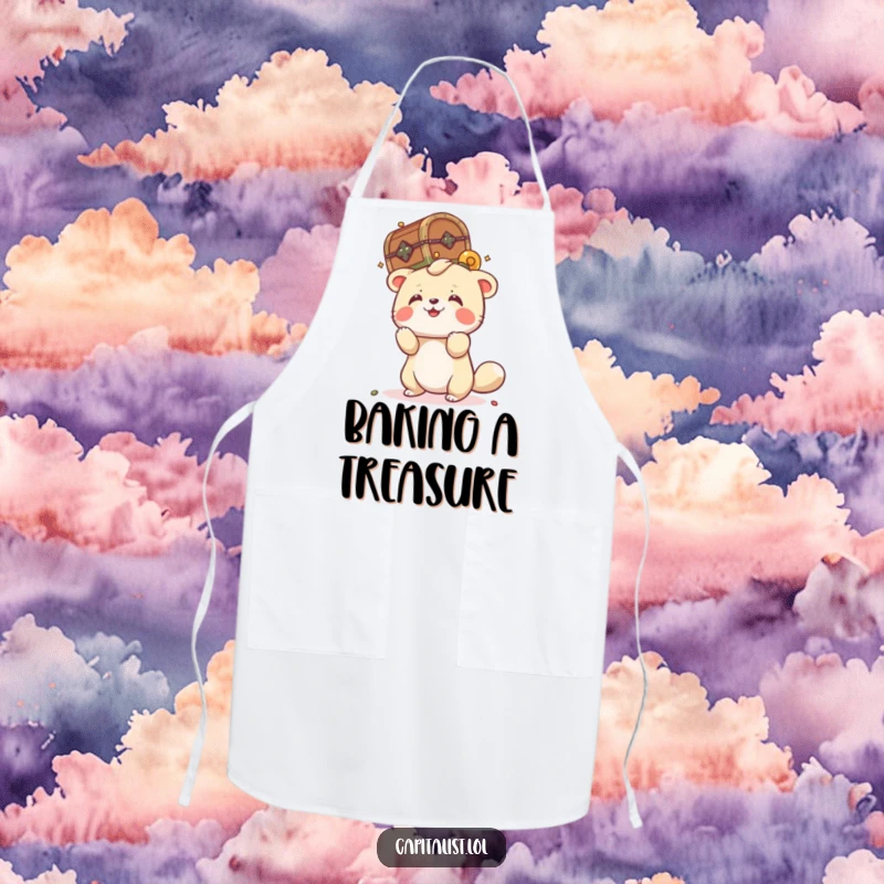 Funny cooking apron featuring a playful animal attempting to balance a tiny, overflowing treasure chest on its head, ideal for whimsical kitchen fun.
