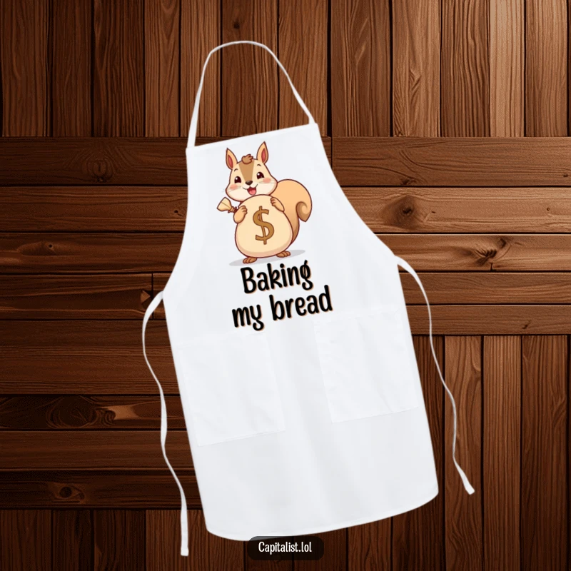 Funny apron with a cheerful squirrel holding a large sack adorned with a currency symbol, ideal for kitchen tasks with a humorous twist.