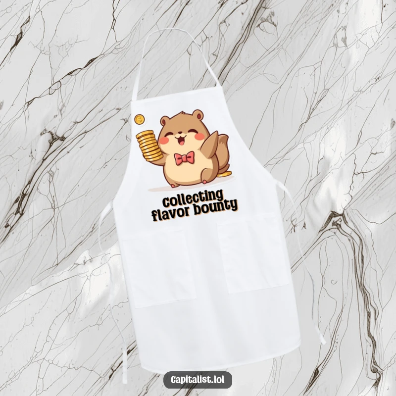 Funny apron showing a plump, brown animal wearing a tiny bowtie, excitedly holding a stack of stylized coins, for culinary wealth.