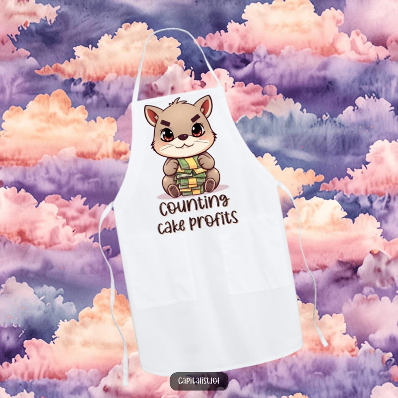 Funny cooking apron featuring a determined animal with a focused gaze, counting a pile of colorful bills, ideal for kitchen efficiency and humor.