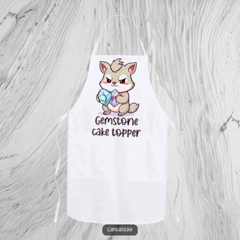 Funny cooking apron featuring a slightly greedy animal with a mischievous grin, clutching a large, sparkling gemstone, ideal for glamorous kitchen fun.