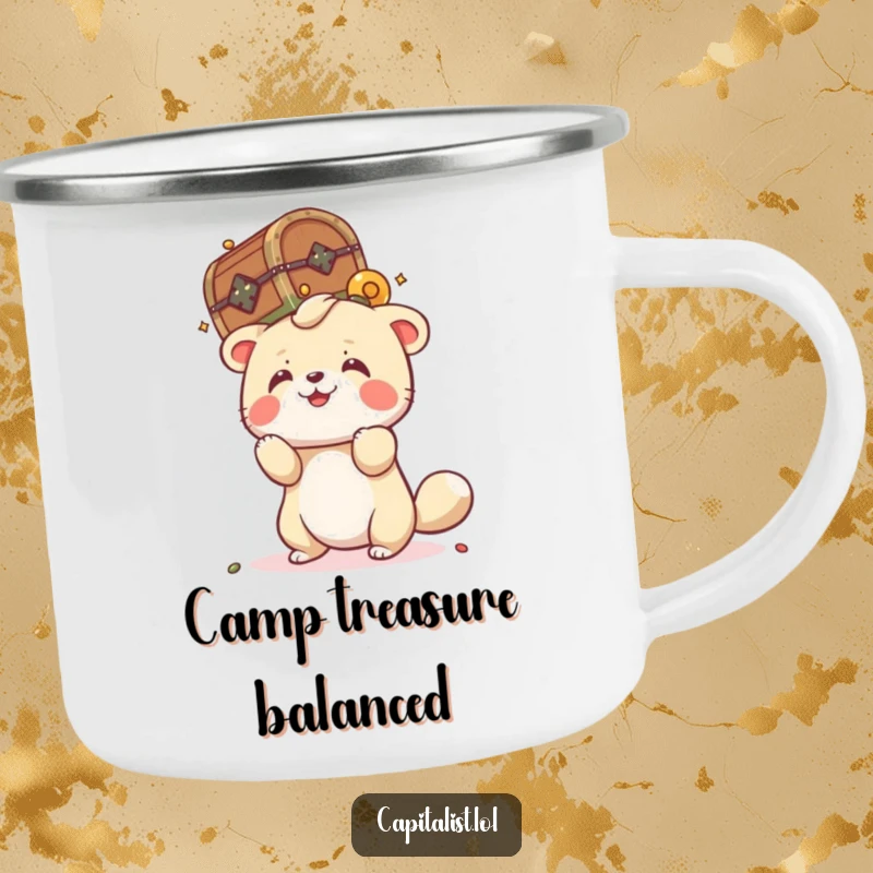 Funny enamel camping mug featuring a playful animal attempting to balance a tiny, overflowing treasure chest on its head, perfect for adventurous outings.