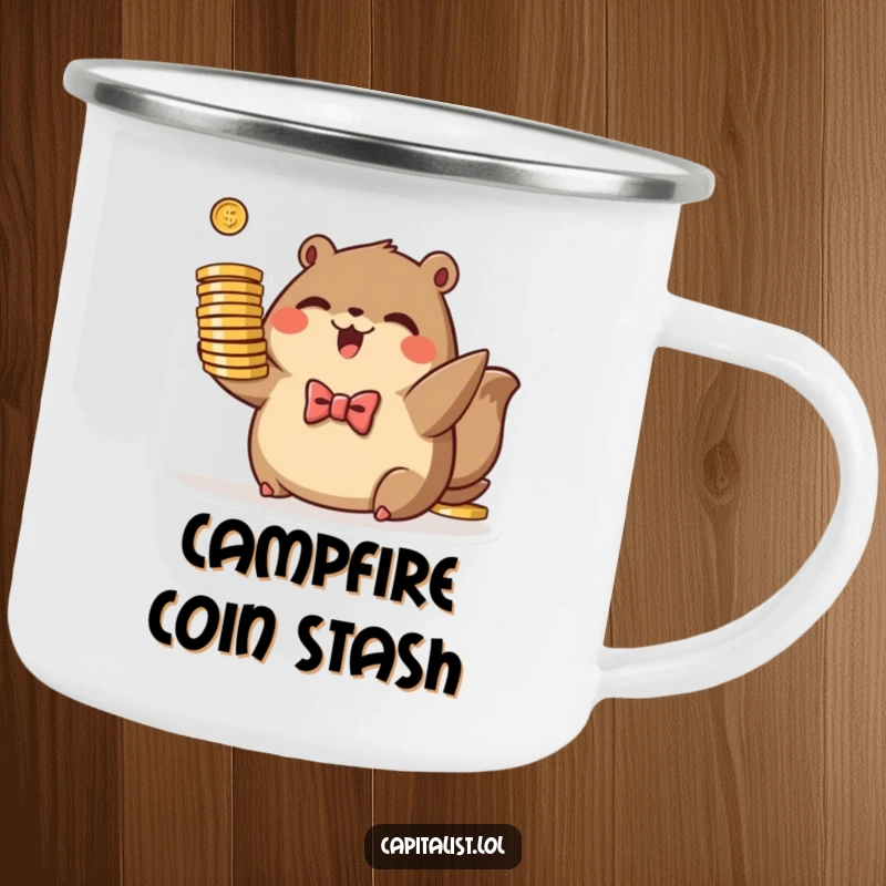 Funny camping mug with a plump, brown animal in a tiny bowtie, excitedly holding a stack of stylized coins, for outdoor success.