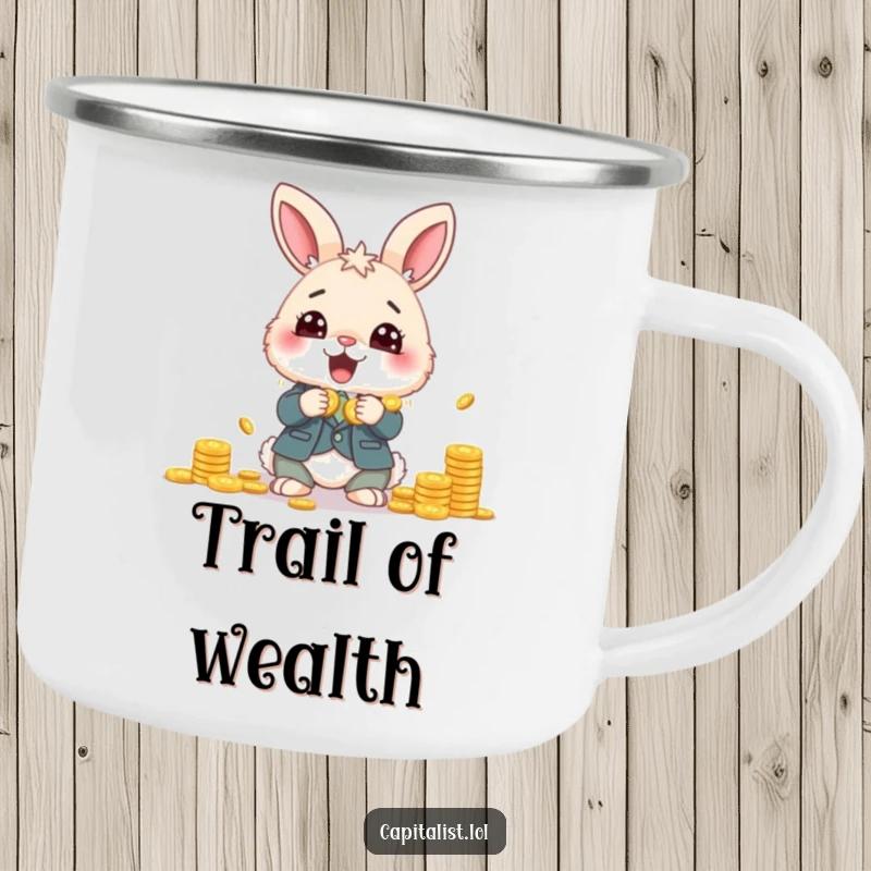 Funny camping mug featuring a fluffy bunny in a suit, eyes wide with glee while counting coins, perfect for outdoor enthusiasts.