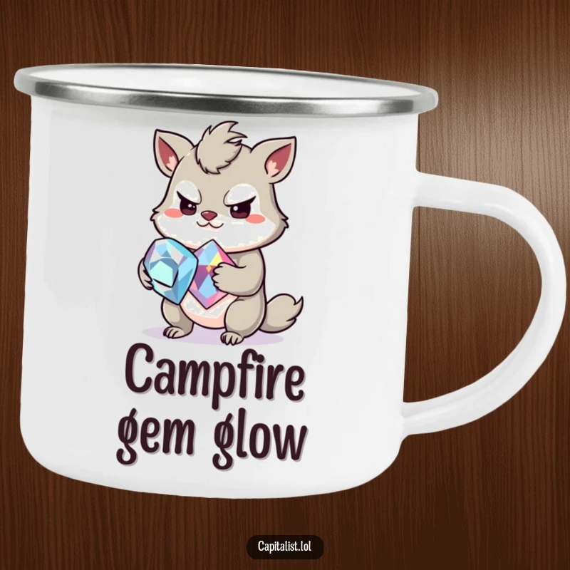 Funny enamel camping mug featuring a slightly greedy animal with a mischievous grin, clutching a large, sparkling gemstone, perfect for glamorous adventures.