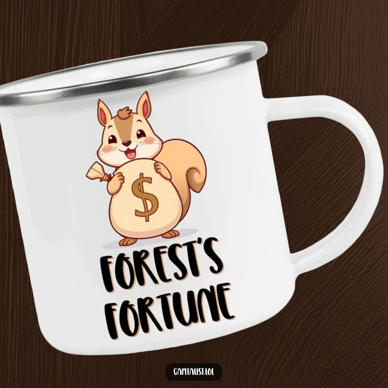 Funny camping mug featuring a cheerful squirrel holding a large sack stamped with a currency symbol, perfect for enjoying drinks outdoors.