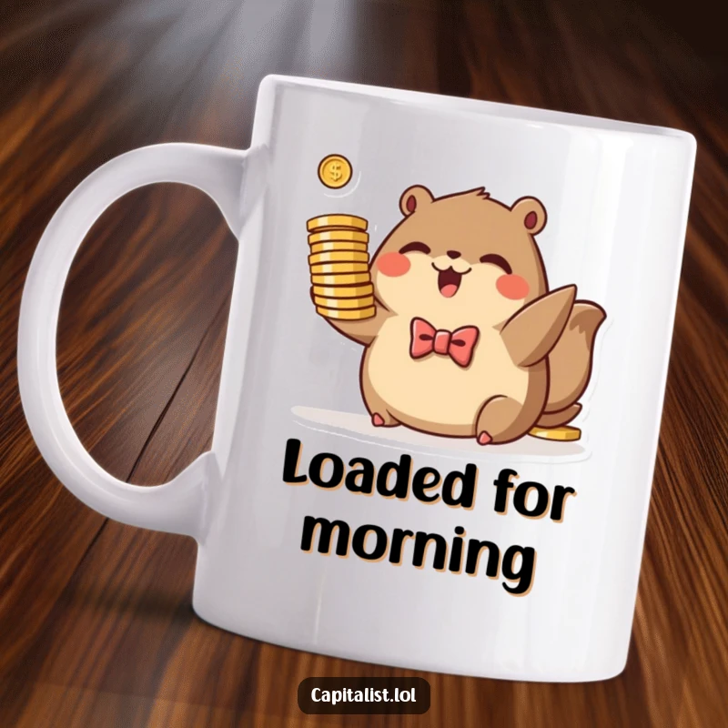 Funny mug showing a plump, brown animal in a tiny bowtie, excitedly holding a stack of stylized coins, looking rich.