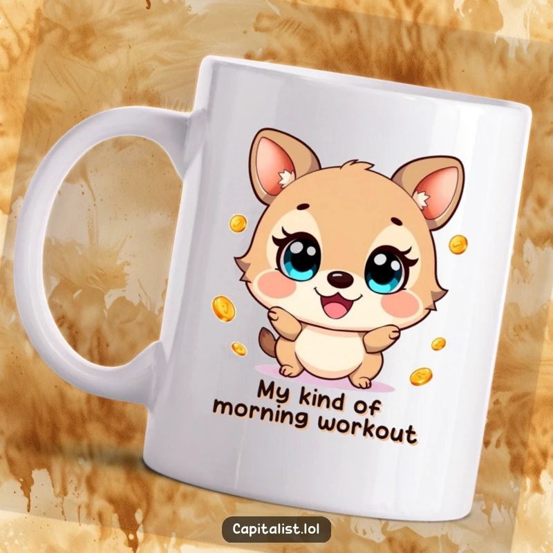 Funny ceramic mug showing a wide-eyed, cheerful animal gleefully juggling shiny gold coins, radiating pure joy and financial fun.