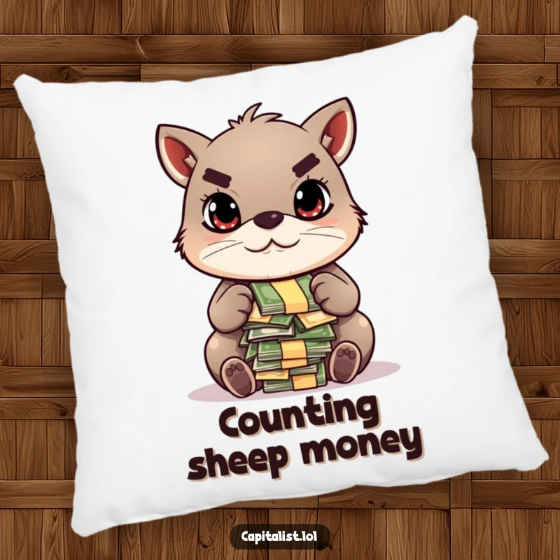 Funny decorative pillow with a determined animal's focused gaze, counting a pile of colorful bills, adding a touch of financial humor and comfort.