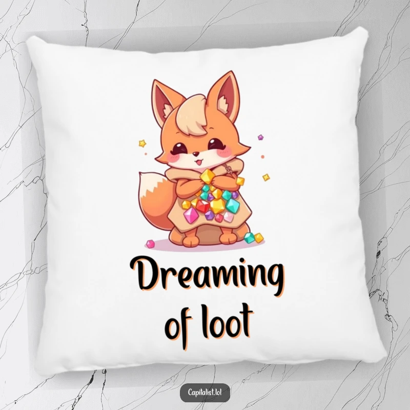 Funny pillow showcasing an energetic fox sprite nestled amongst overflowing bags of colorful gems, embodying cozy wealth and playful happiness.