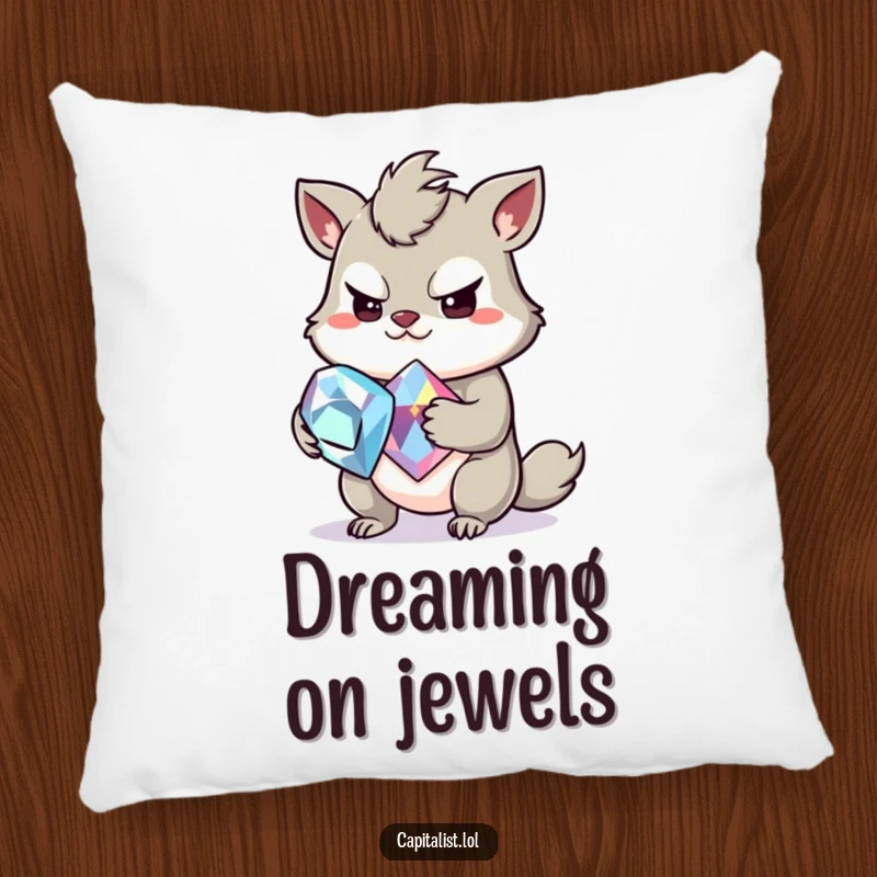 Funny decorative pillow with a slightly greedy animal's mischievous grin, clutching a large, sparkling gemstone, adding a touch of sparkle and humor.
