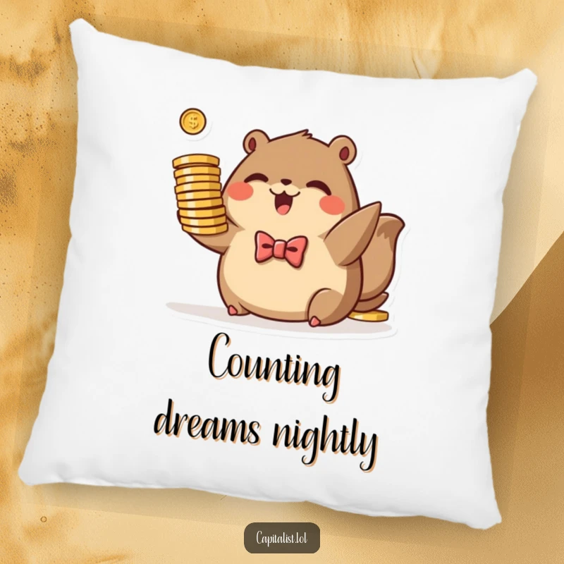 Funny pillow with a plush, plump, brown animal in a tiny bowtie, excitedly holding a stack of stylized coins, for cozy luxury.