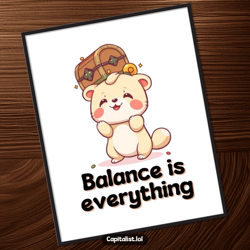 Funny digital art print of a playful animal attempting to balance a tiny, overflowing treasure chest on its head, capturing whimsical adventure and fun.