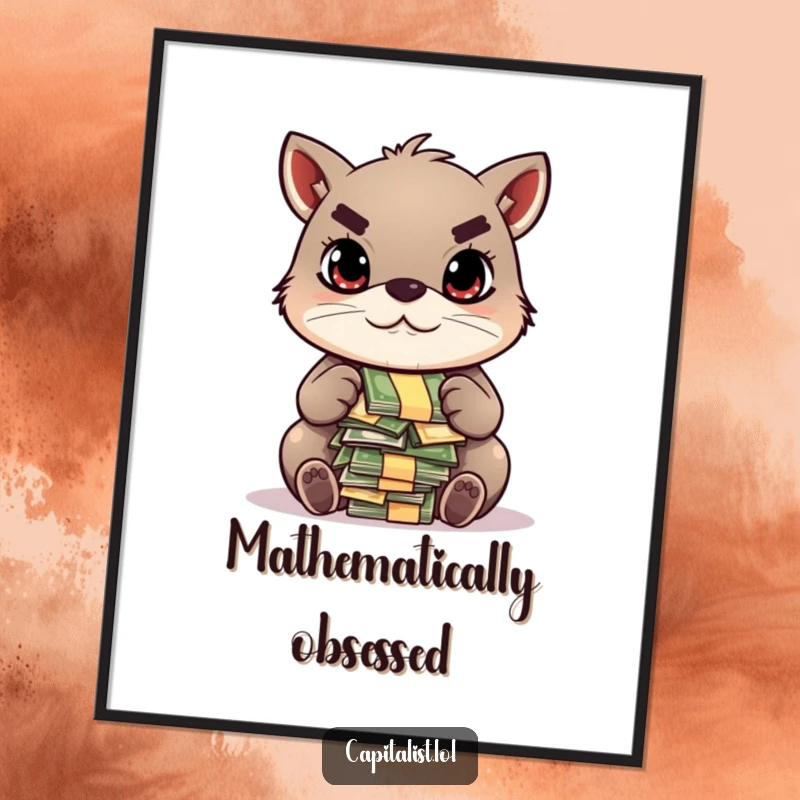 Funny digital art print of a determined animal with a focused gaze, intently counting a pile of colorful bills, symbolizing financial drive and humor.