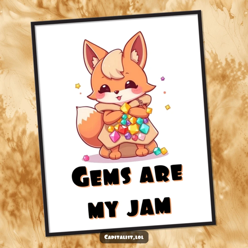 Funny digital art print of an energetic fox sprite joyfully carrying immense, overflowing bags of colorful gems, a vibrant treasure trove.