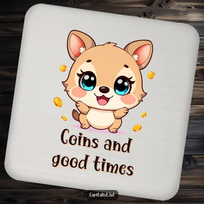 Funny drink coaster showing a cheerful animal with wide eyes, gleefully juggling small, shimmering gold coins, protecting surfaces with humor.
