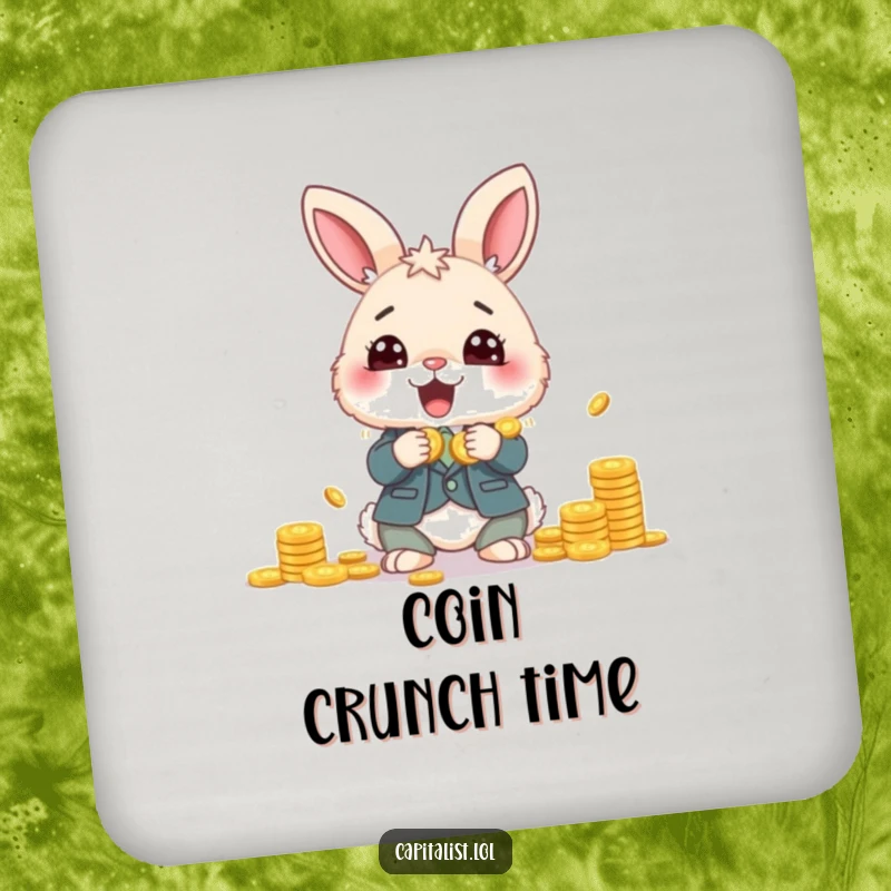 Funny drink coaster featuring a fluffy bunny in a suit, gleefully counting a pile of coins, adding a humorous touch to any table.