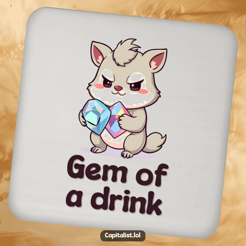 Funny drink coaster showing a slightly greedy animal with a mischievous grin, clutching a large, sparkling gemstone, protecting surfaces with playful avarice.