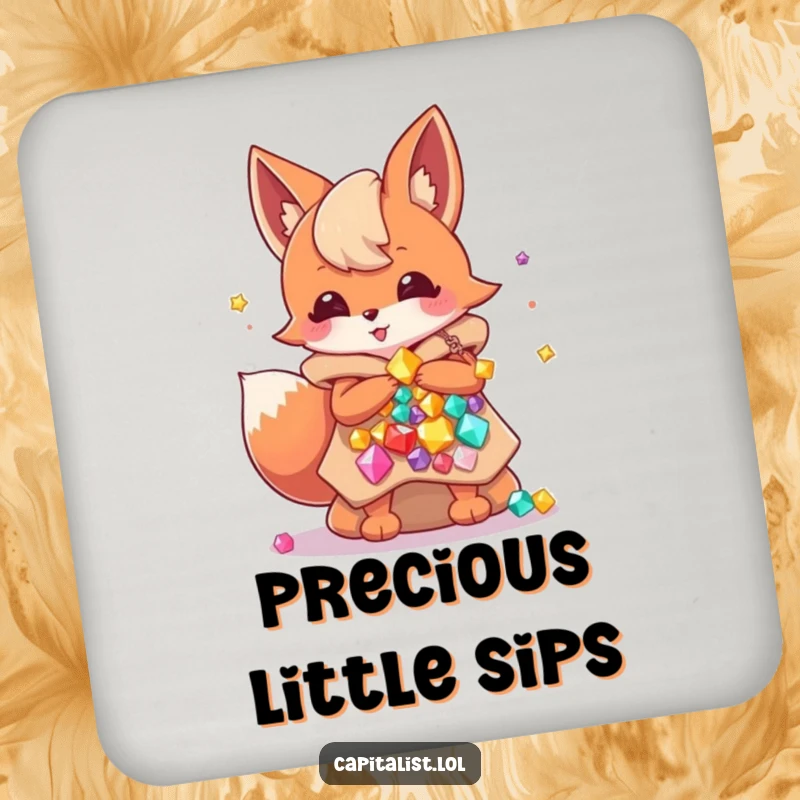 Funny drink coaster featuring an energetic fox sprite guarding tables with bags overflowing with colorful, precious gems, adding humor to any surface.