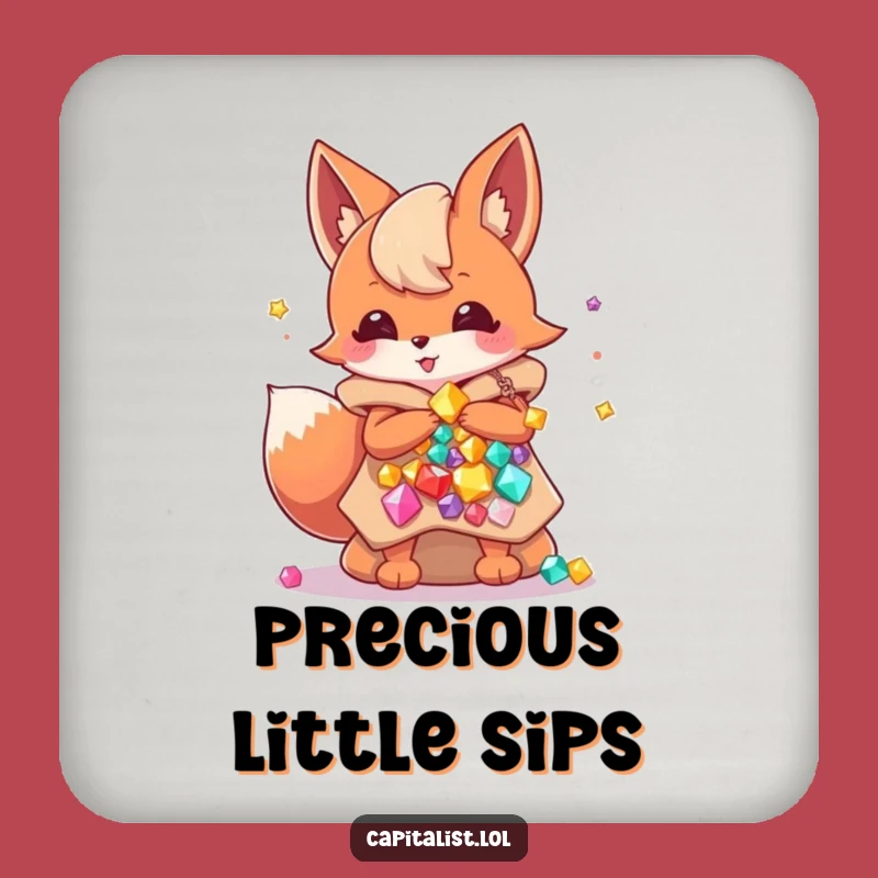 Funny Fox Gem Hoarder Coaster: Energetic Sprite Protects Surfaces with Jewel Bags