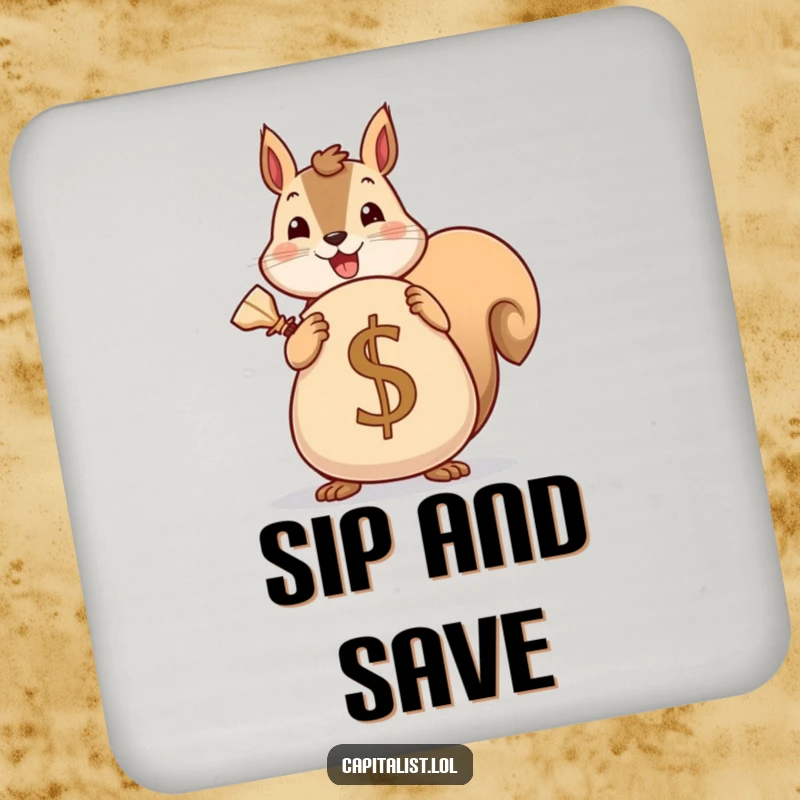 Funny drink coaster featuring a cheerful squirrel holding a large sack marked with a currency symbol, adding humor to any surface.