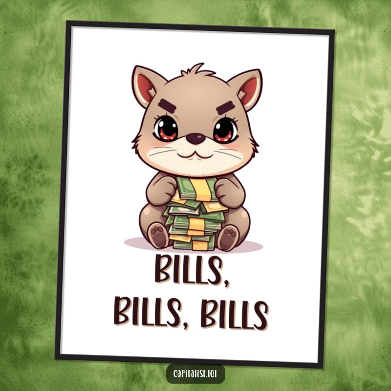 Funny motivational poster of a determined animal with a focused gaze, intently counting a pile of colorful bills, symbolizing financial drive.