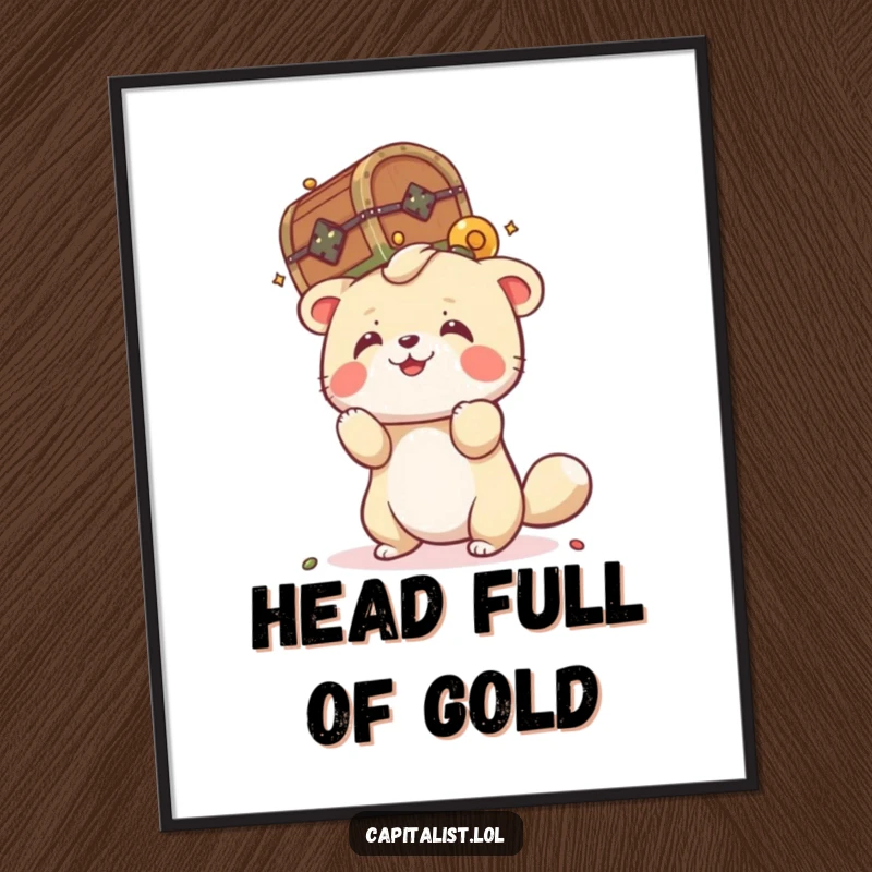 Funny poster print of a playful animal attempting to balance a tiny, overflowing treasure chest on its head, creating a whimsical and humorous display.