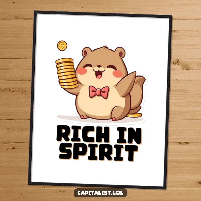 Funny poster of a plump, brown animal in a tiny bowtie, excitedly holding a stack of stylized coins, for affluent decor.