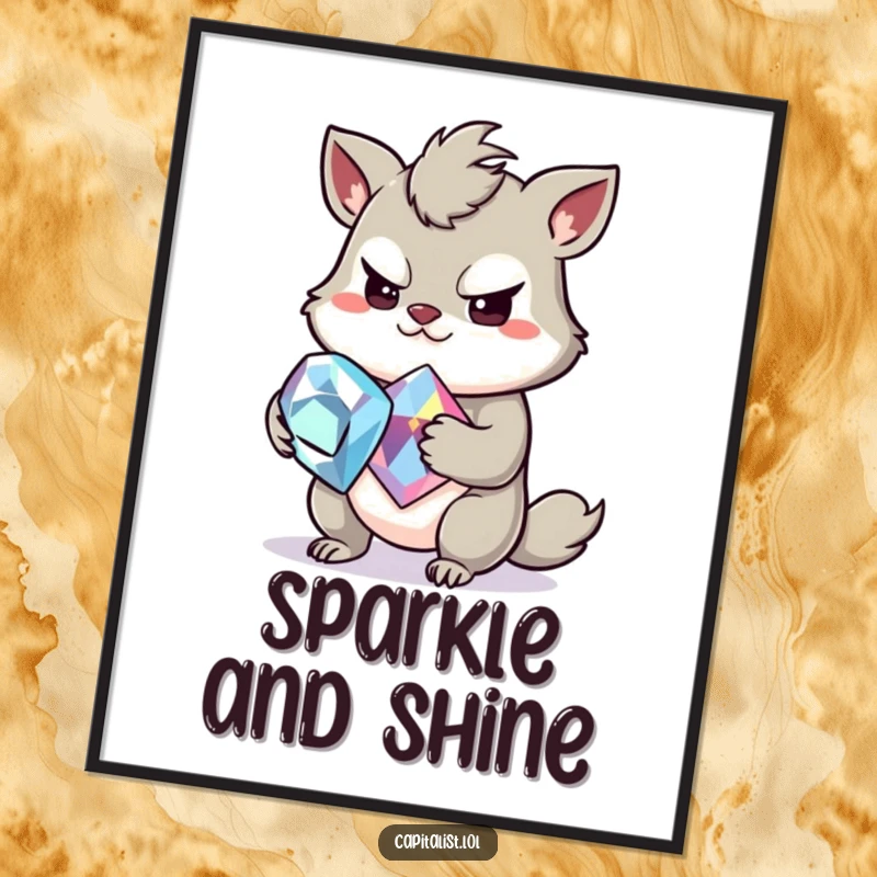 Funny poster print of a slightly greedy animal with a mischievous grin, clutching a large, sparkling gemstone, creating a whimsical and humorous display.