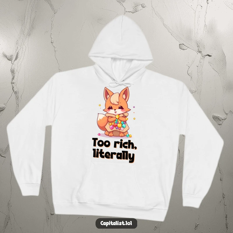 Funny hoodie depicting an energetic fox sprite triumphantly carrying extremely full bags of sparkling gems, a symbol of joy and abundance.