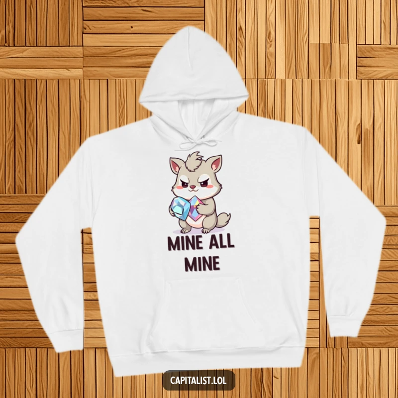 Funny hooded sweatshirt of a slightly greedy animal with a mischievous grin, clutching a large, sparkling gemstone, perfect for cozy, treasure-loving moments.