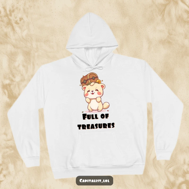 Funny hooded sweatshirt of a playful animal attempting to balance a tiny, overflowing treasure chest on its head, perfect for cozy, adventuring moments.