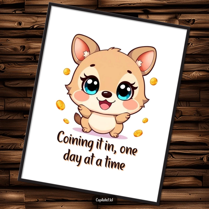 Funny Free Printable Wall Art: Cheerful animal with wide eyes gleefully juggles shimmering gold coins, radiating abundance and joy.