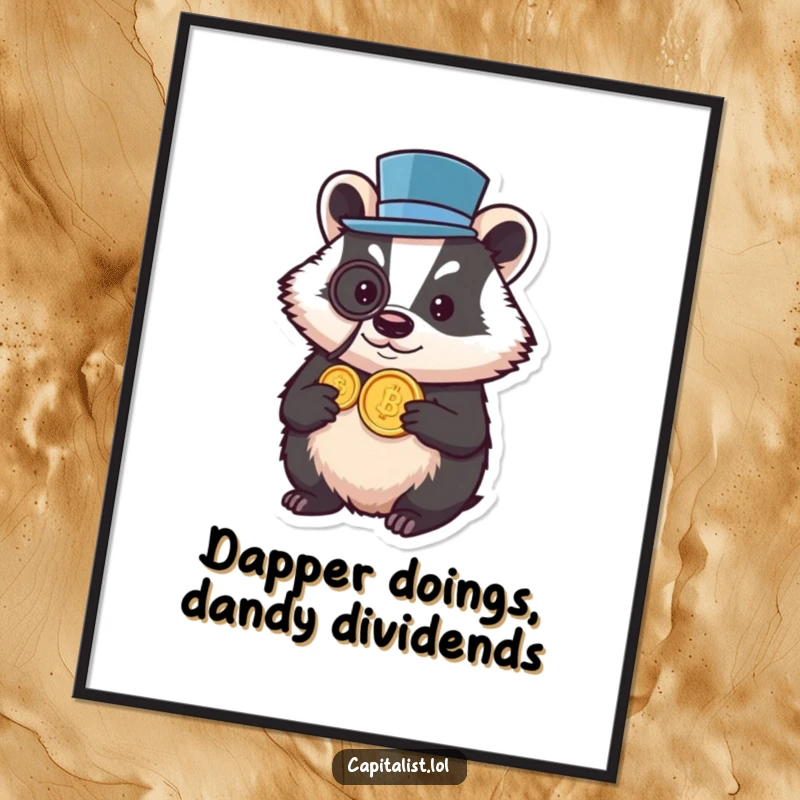 Funny Free Printable Wall Art: Small, round badger character wearing a tiny top hat and monocle, proudly holding a shiny gold coin.