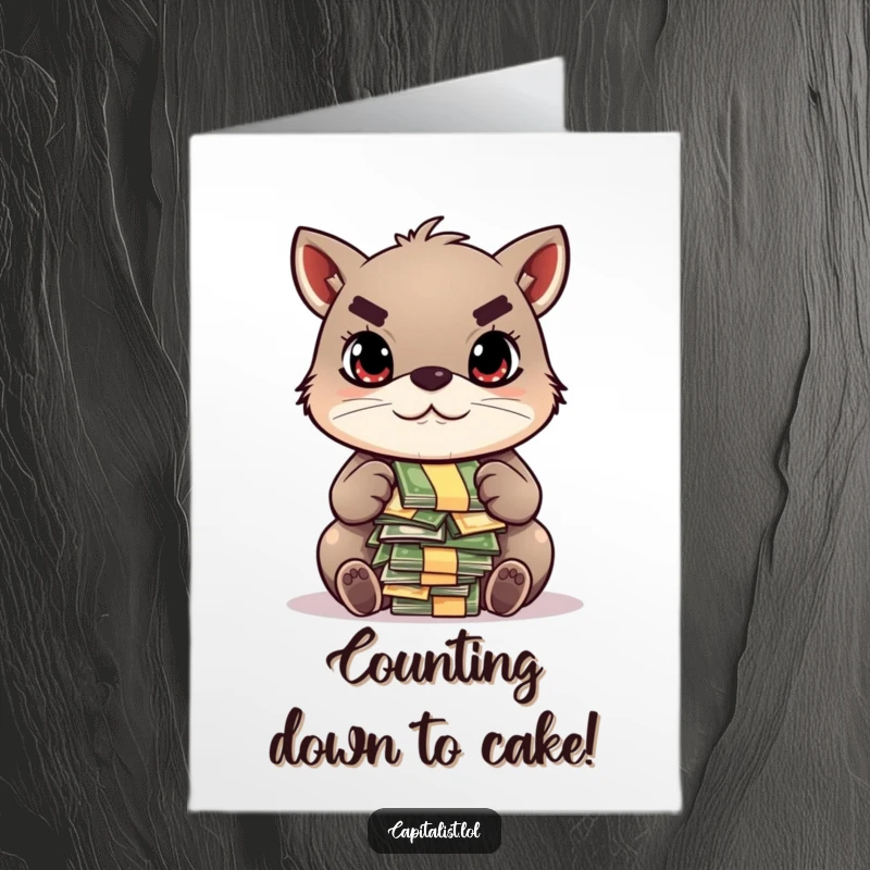 Funny Free Printable Birthday Card: Determined animal with focused gaze counts a large pile of colorful bills joyfully.