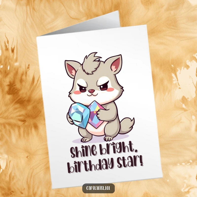 Funny Free Printable Birthday Card: Slightly greedy animal grins mischievously while clutching a large, sparkling gemstone.