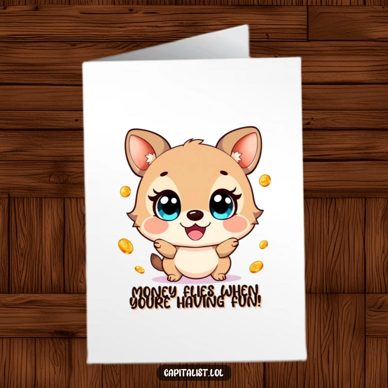Funny Free Printable Birthday Card: Wide-eyed animal gleefully juggles shiny gold coins, a cheerful and abundant celebration.