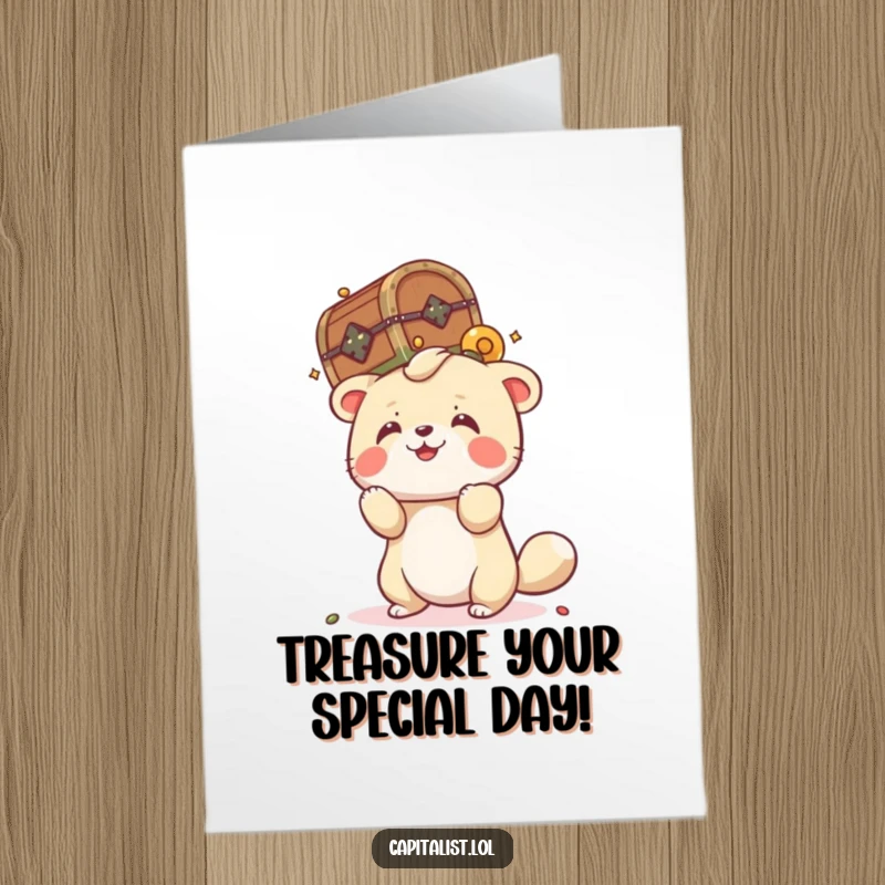 Funny Free Printable Birthday Card: Playful animal attempts to balance a tiny, overflowing treasure chest on its head.
