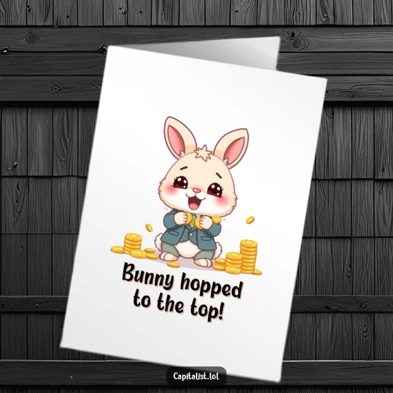 Funny Free Printable Congrats Card: Fluffy Bunny in a business suit joyfully counting a large stack of golden coins with wide-eyed delight.