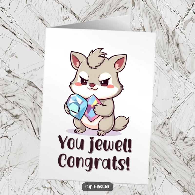 Funny Free Printable Congratulations Card: Mischievous animal clutches a large, sparkling gemstone with a greedy grin, celebrating a prize.