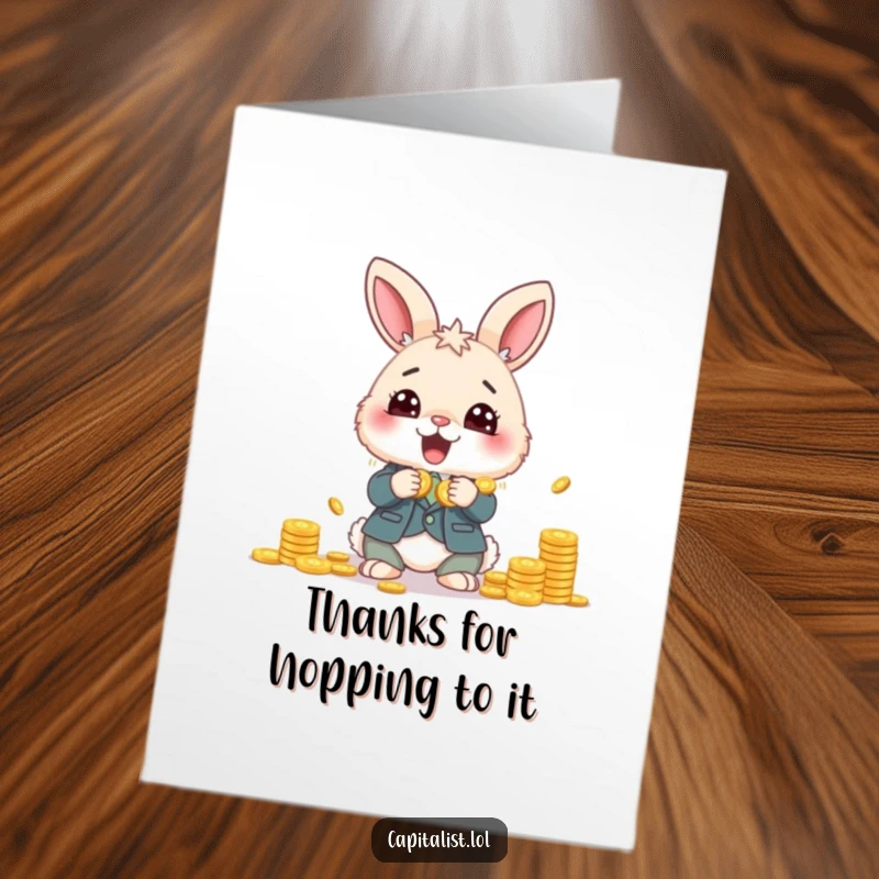 Funny Free Printable Thank You Card: Fluffy Bunny in a suit ecstatically counting a large pile of golden coins, expressing gratitude.