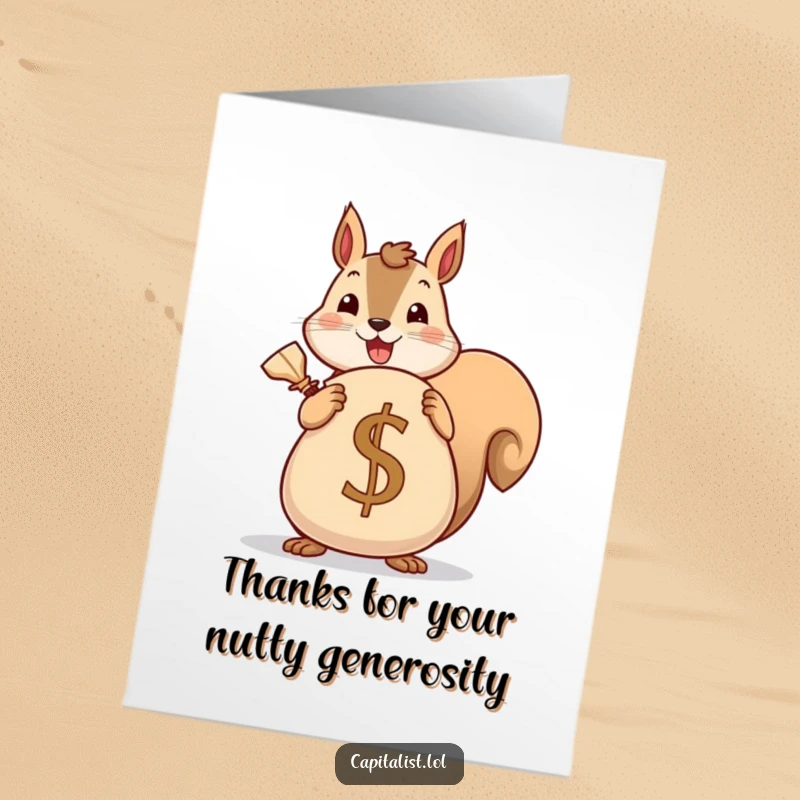 Funny Free Printable Thank You Card: Cheerful Squirrel clutching a large sack with a currency symbol, expressing gratitude for a generous gesture.
