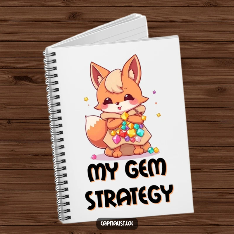 Funny notebook with an energetic fox sprite surrounded by overflowing bags of colorful gems, inspiring creative thoughts and wealth accumulation.