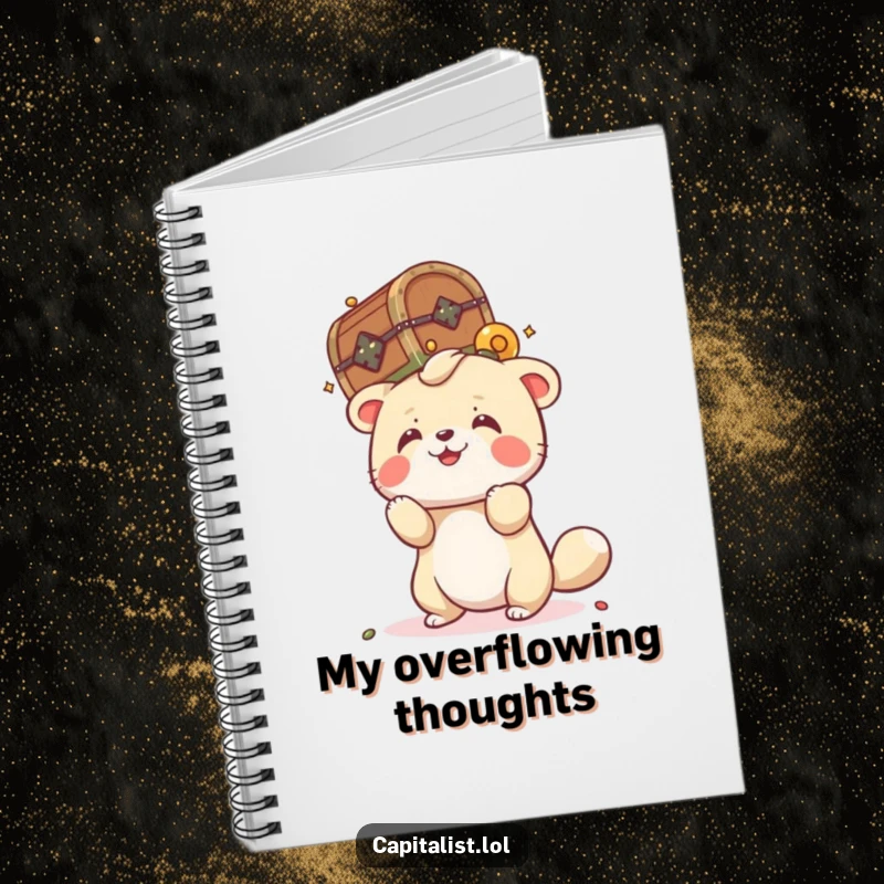 Funny notebook cover with a playful animal attempting to balance a tiny, overflowing treasure chest on its head, perfect for jotting down grand ideas.