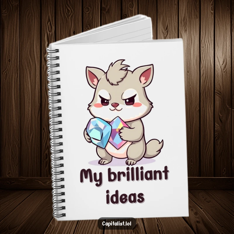 Funny notebook cover with a slightly greedy animal's mischievous grin, clutching a large, sparkling gemstone, perfect for jotting down sparkling ideas.