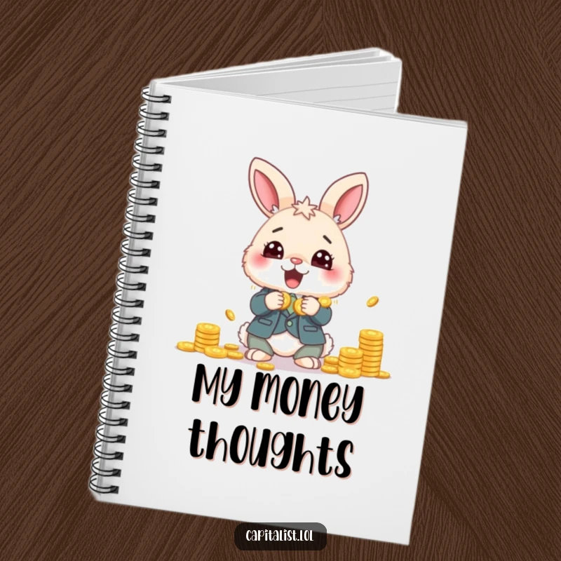 Funny notebook featuring a fluffy bunny in a financial suit, enthusiastically counting coins, ideal for financial planning and note-taking.