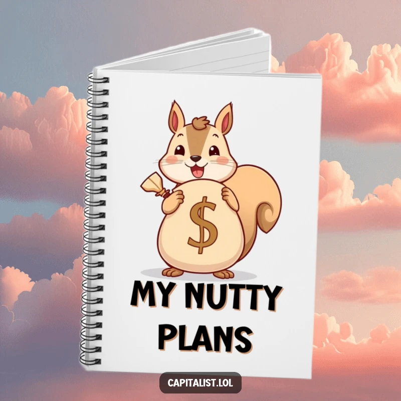 Funny notebook featuring a cheerful squirrel holding a large sack marked with a currency symbol, perfect for financial planning and journaling.