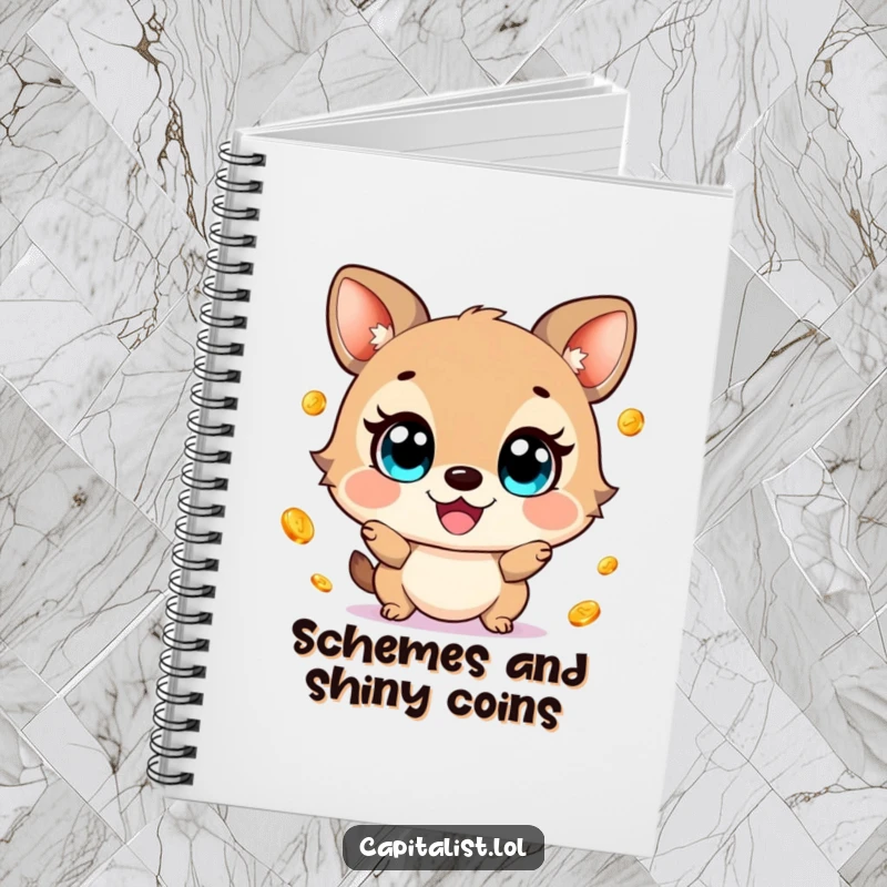 Funny notebook cover with a wide-eyed, cheerful animal gleefully juggling small, shimmering gold coins, perfect for jotting down funny ideas.