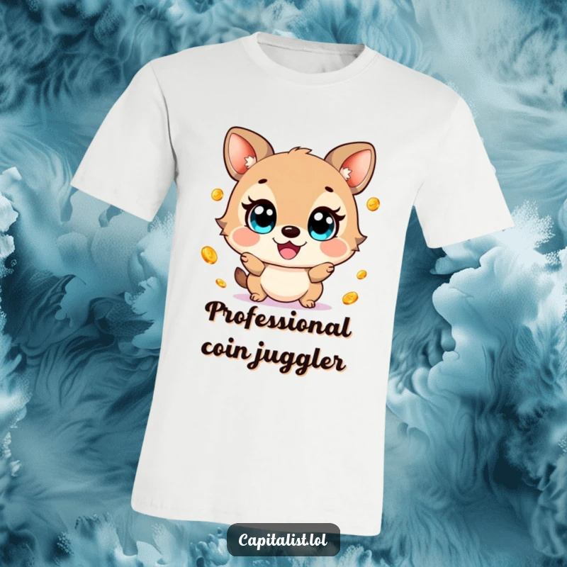 Funny t-shirt with a cheerful animal's wide eyes as it gleefully juggles small, shimmering gold coins, highlighting a mood of abundance and fun.