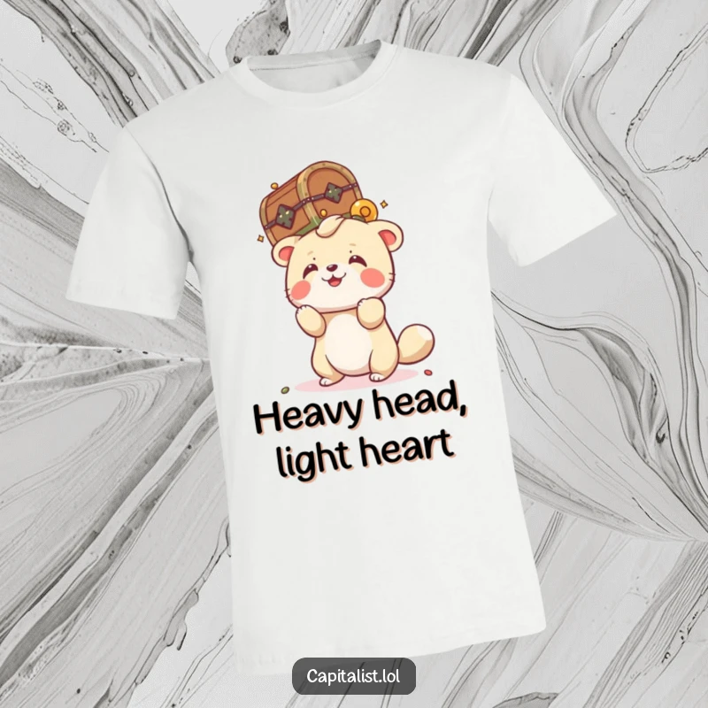 Funny t-shirt featuring a playful animal attempting to balance a tiny, overflowing treasure chest on its head, radiating fun and optimism.